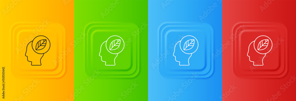 Poster white human head with leaf inside icon isolated on colorful background. set icons in square buttons.