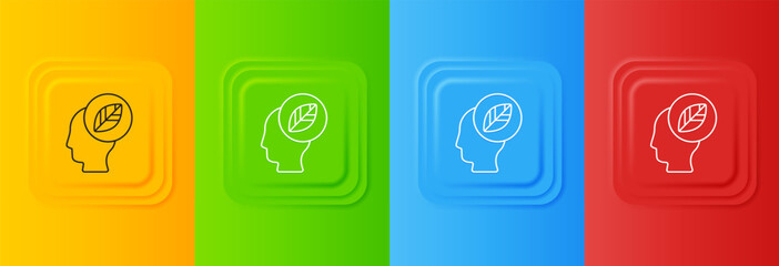 White Human head with leaf inside icon isolated on colorful background. Set icons in square buttons. Vector