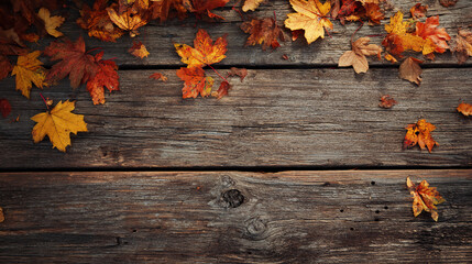 Wooden planks with autumn leaves scattered, top-down composition
