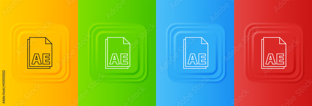 Poster white ae file document icon isolated on colorful background. set icons in square buttons. vector