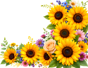 Sunflower and Wildflower Summer Corner Frame – Transparent or White Background