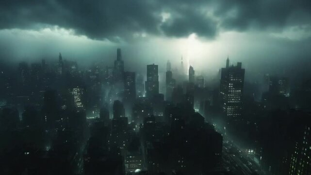 Stormy night city skyline, rain, dark clouds, urban landscape, film noir aesthetic