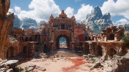Ruined temple entrance in a mountainous landscape