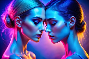 Obraz premium Two women with vibrant neon color tones in a modern and artistic portrait