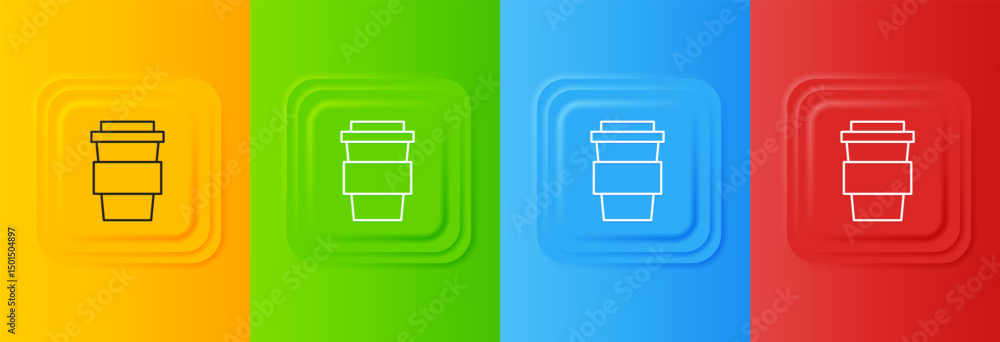 Poster white coffee cup to go icon isolated on colorful background. set icons in square buttons. vector