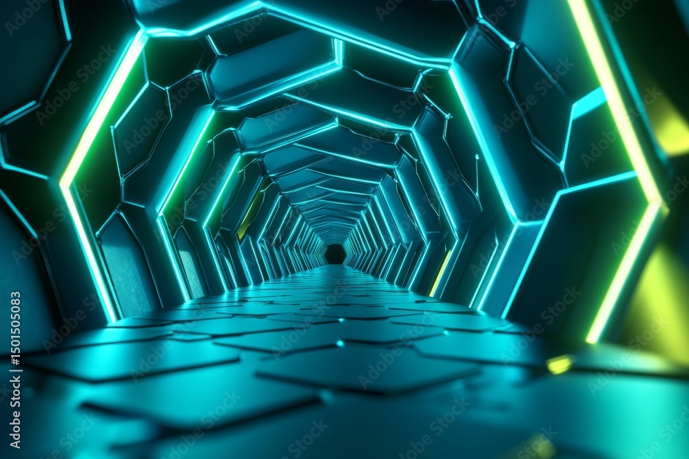 Poster vibrant blue and green glowing hexagons form a futuristic abstract tunnel with an endless perspectiv