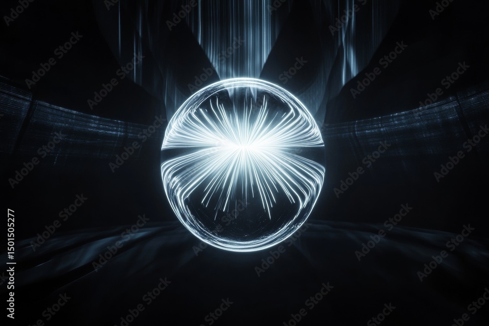 Poster suspended in a black void, a glowing orb radiates light waves while creating an abstract sci-fi atmo
