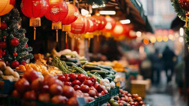Traditional Chinese market with fresh vegetables and fruits, decorated with red paper lanterns for Chinese New Year