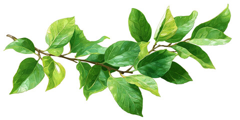 Fototapeta premium Artistic illustration of a branch featuring lush green leaves isolated on a white background