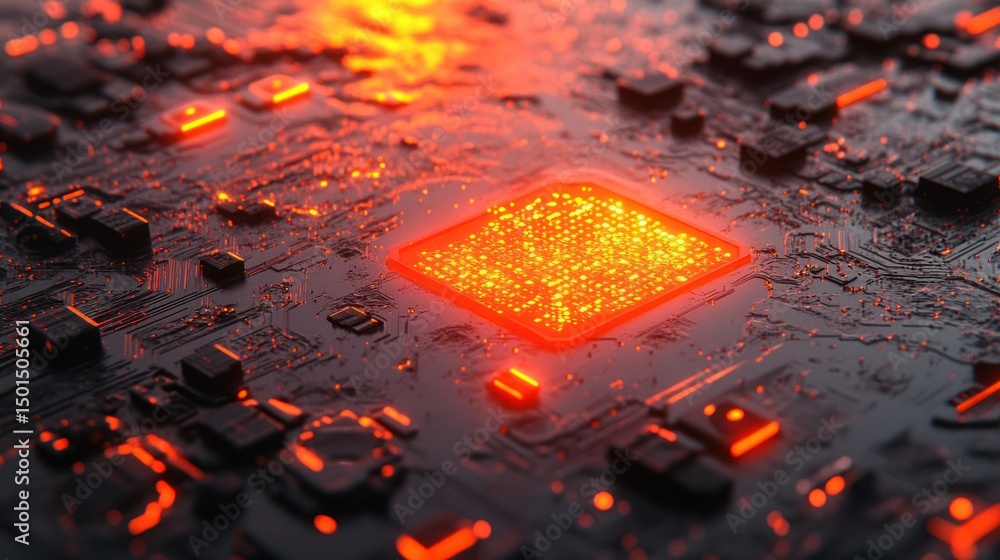 Poster high-tech circuit board with glowing central processor