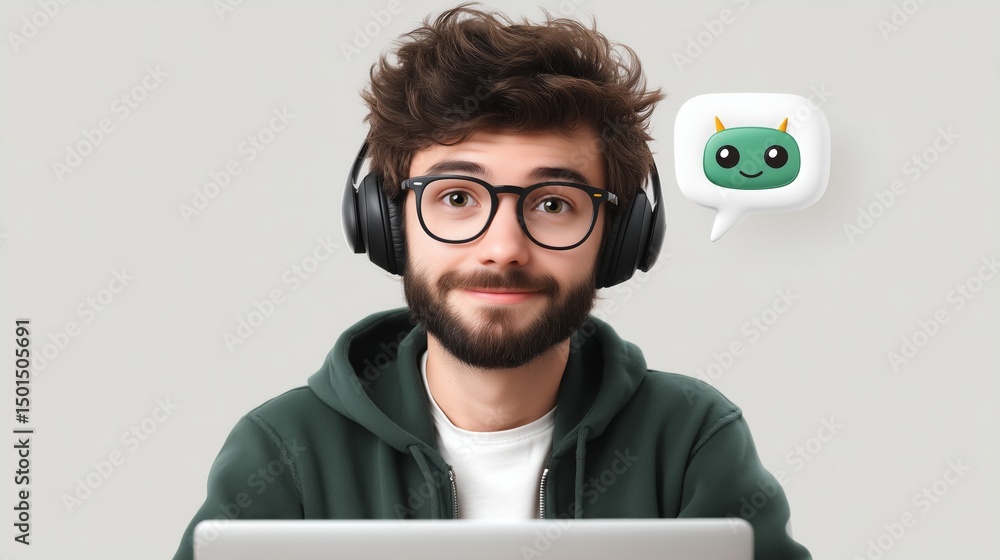 Poster a young man with glasses listens attentively to a voice control assistant while using his laptop in 