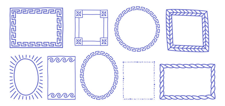 Set of hand-drawn Mediterranean frames with geometric and floral motifs: Greek key, waves, braids, and sun shapes. Perfect for cards, packaging, invitations, posters, and print design