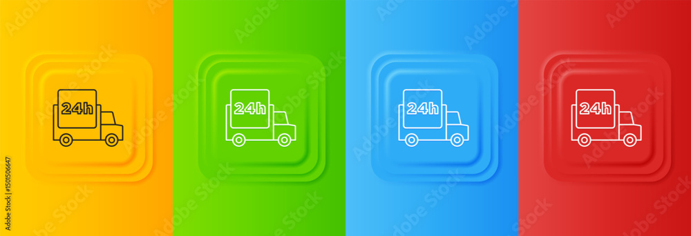 Poster white fast round the clock delivery by car icon isolated on colorful background. set icons in square