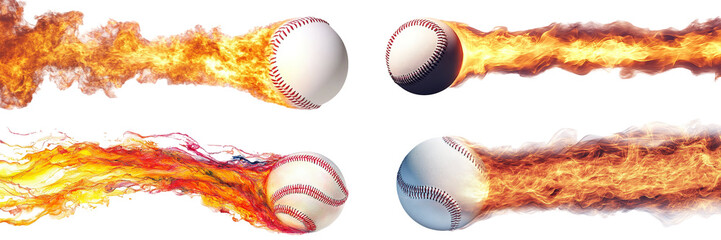 Flaming baseballs flying with intense fiery trails on transparent background