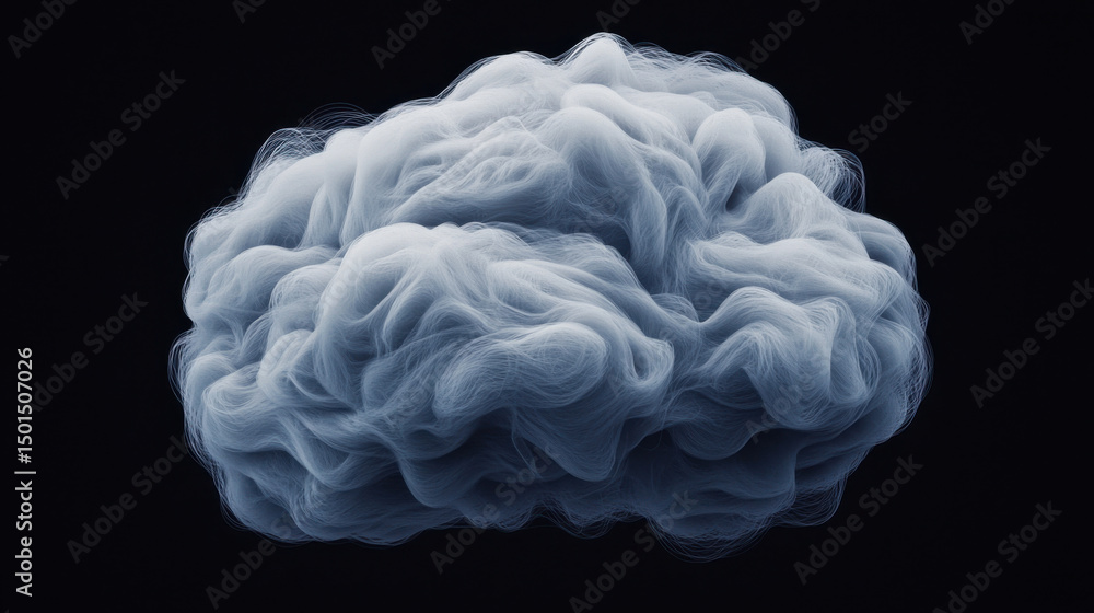 Poster digital representation of cloud like brain structure, showcasing intricate wisps and soft textures, 