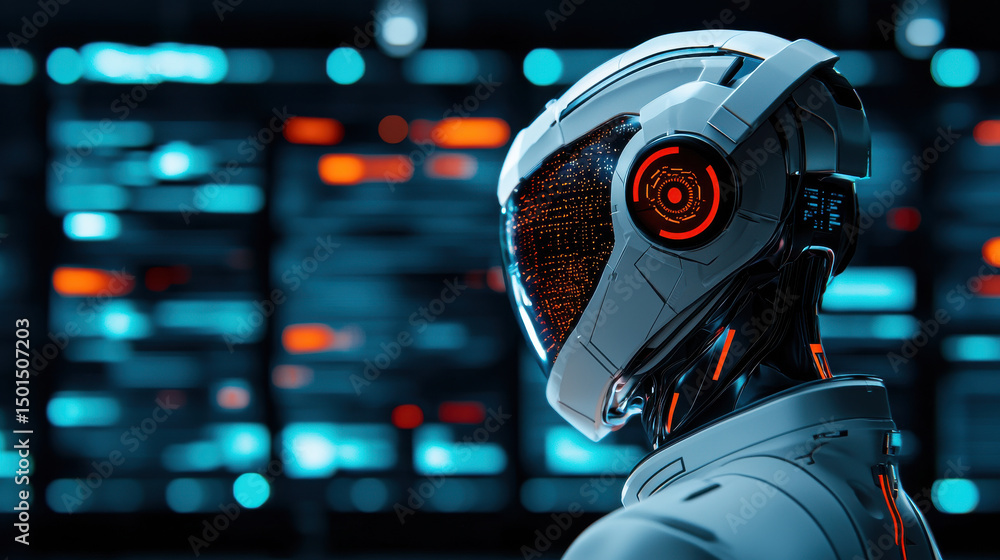 Poster futuristic robot with sleek design and glowing elements stands against backdrop of digital screens, 