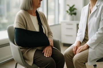 Elderly patient arm sling consultation.