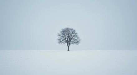 Fototapeta premium AI-Generated Minimal Winter Scene of Solitary Tree in Snowy Landscape with Negative Space