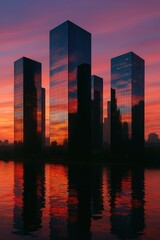 Fototapeta premium A stunning cityscape at dusk reflects in the calm water, showcasing architectural brilliance under a fiery sky. A perfect embodiment of urban sophistication and vibrant colors.