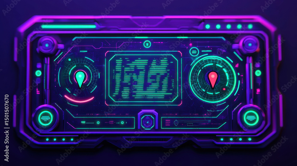 Poster immersive digital interface featuring vibrant neon colors and intricate designs, showcasing futurist