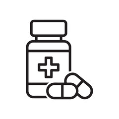 Pill Bottle Line Icon, Pharmaceutical and Medication Symbol Vector on White Background