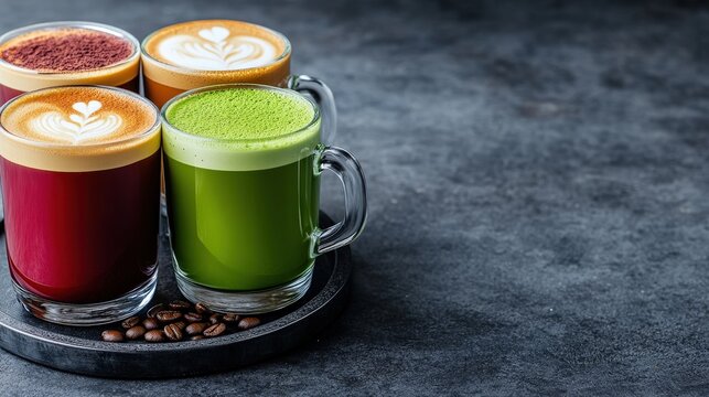Four colorful lattes with latte art served in glass mugs on a tray with coffee beans, set against a dark background.