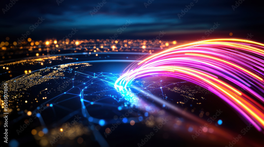 Poster vibrant digital illustration showcasing network of glowing lines connecting various points global ma