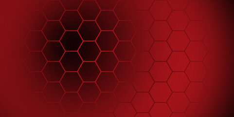 Fototapeta premium Abstract Red Hexagon Technology Background Vector. Futuristic Red Tech Grid Hex Pattern. Dark Red Honeycomb Abstract Background.