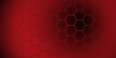 Fototapeta premium Abstract Red Hexagon Technology Background Vector. Futuristic Red Tech Grid Hex Pattern. Dark Red Honeycomb Abstract Background.