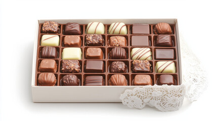 Beautifully arranged box of assorted chocolates featuring various shapes and flavors, perfect for gifting or indulging in sweet treat. elegant presentation adds touch of sophistication