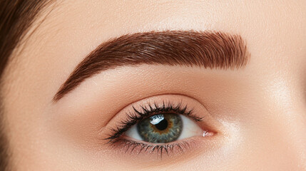 Naklejka premium Close up of beautifully styled eyebrow, showcasing natural texture and color, with focus on eye captivating detail and soft skin tone, creating elegant and polished look