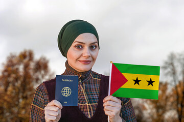 Muslim Woman Holding Passport and Flag of Sao Tome and Principe
