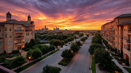 Fototapeta premium Cityscape bathed in a fiery sunset glow