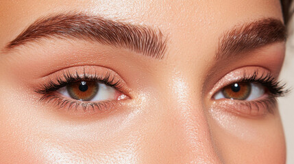 Obraz premium Natural styled eyebrows enhance beauty of these expressive eyes, showcasing flawless makeup look with soft glow. warm tones and detailed texture create inviting and captivating appearance