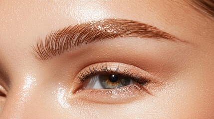 Naturally styled eyebrows with glossy finish, showcasing close up of eye and skin texture, radiating beauty and confidence. illumination enhances features beautifully