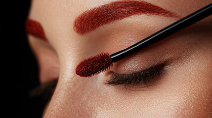 Close up of person eye with beautifully styled red eyebrows being groomed with brush, showcasing intricate details of eyelashes and skin texture. lighting highlights vibrant color and adds depth
