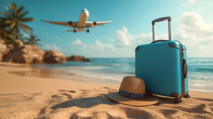 Suitcase and airplane on tropical beach background