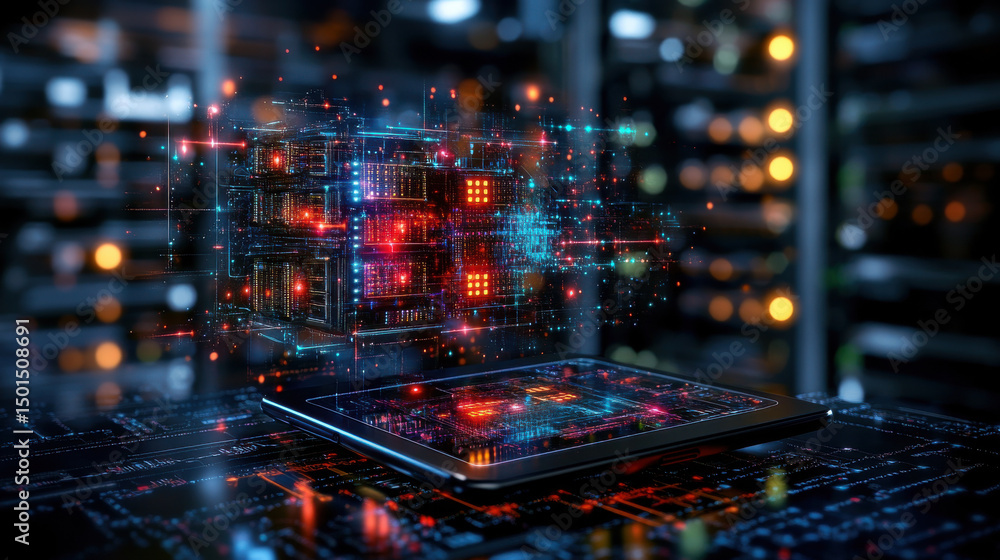 Poster high tech digital artwork showcasing futuristic data server with vibrant lights and intricate circui