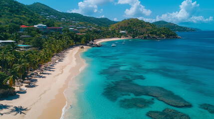 Obraz premium Scenic Tropical Beach with Coral Reefs and Mountain Backdrop