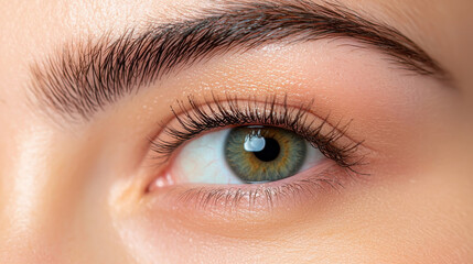 Obraz premium Close up of beautiful eye showcasing delicate eyebrow strokes and flawless eyelashes, highlighting vibrant colors and intricate details of iris. image evokes sense of beauty and precision