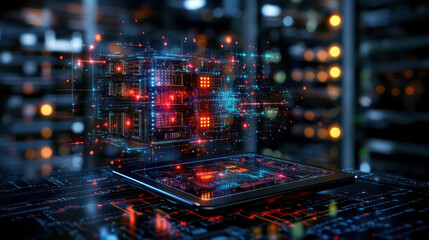 High tech digital artwork showcasing futuristic data server with vibrant lights and intricate circuitry. scene conveys sense of advanced technology and innovation, emphasizing digital landscape