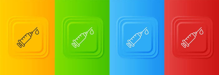 White Syringe icon isolated on colorful background. Syringe for vaccine, vaccination, injection, flu shot. Medical equipment. Set icons in square buttons. Vector