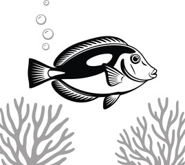 Fototapeta premium Vibrant Blue Tang fish in a dynamic silhouette, on a clean white background