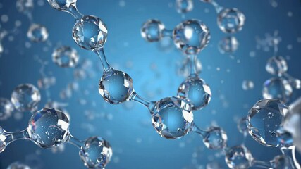 transparent water molecules in motion on blue background, clean scientific molecular structure animation for skincare, biotechnology and futuristic science visuals - Powered by Adobe