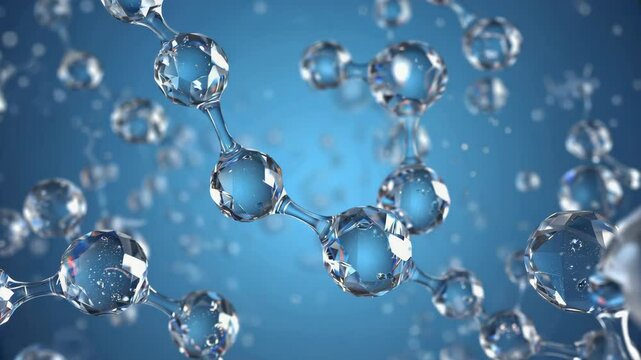transparent water molecules in motion on blue background, clean scientific molecular structure animation for skincare, biotechnology and futuristic science visuals - Powered by Adobe