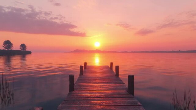 Serene sunset over calm lake, wooden pier, peaceful evening; travel brochure