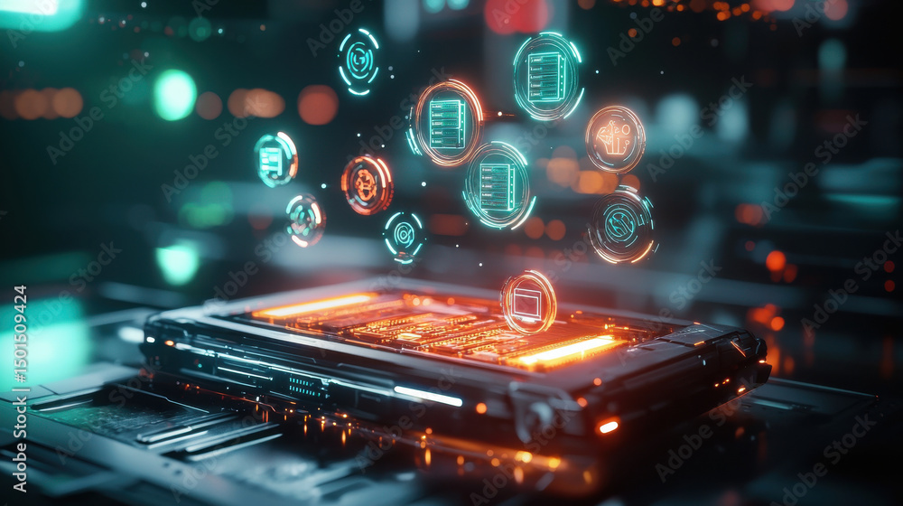 Poster high tech concept of digital management featuring futuristic device with glowing icons representing 