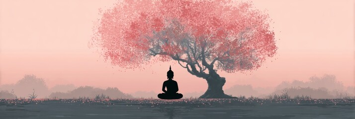 Meditating Buddha Sitting Peacefully Under a Bodhi Tree With Soft Colors in the Background, Promoting Tranquility and Mindfulness