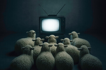  sheep sitting in front of a vintage TV showing static. Visual metaphor for mass media control, brainwashing and blind trust.