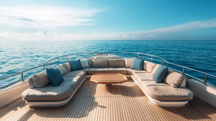 Luxury yacht's sun-drenched deck with seating & ocean view